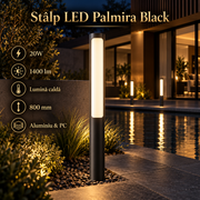 Stalpisor LED Exterior Palmira Black 20W | 3000K | 1400lm | IP65 | 80CM
