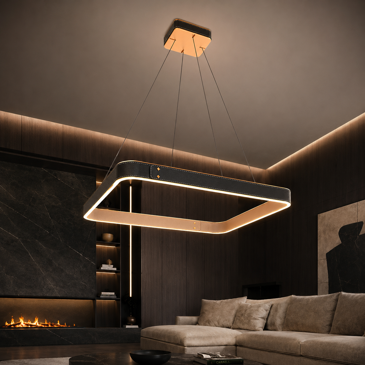 Lustra LED Suspendata LEATHER Unique. Square Black Echivalent 200W
