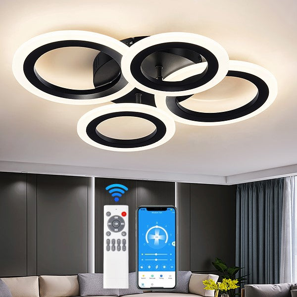 Lustra LED 72W 4 CIRCLE BLACK SMART Control Vocal Echivalent 400W