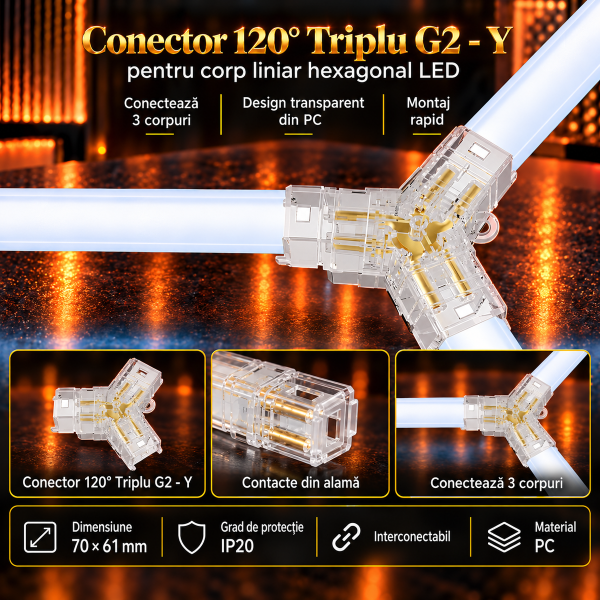 Conector HEGZA G2 120° Forma Y pentru 3 x Corp Liniar Hexagonal LED
