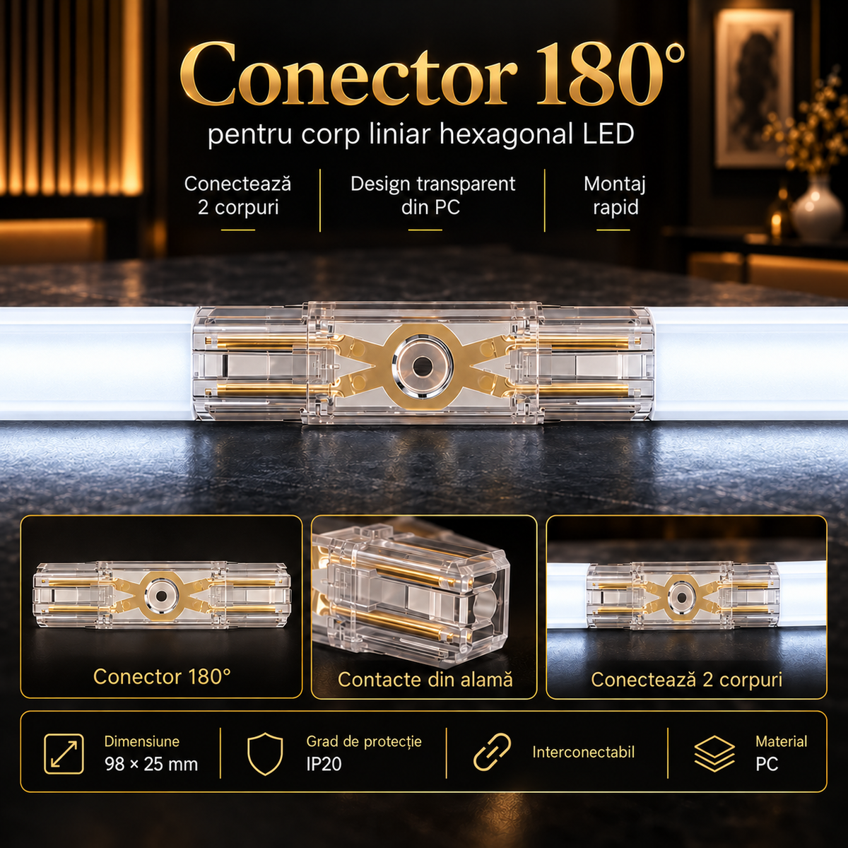 Conector HEGZA 180° pentru 2 x Corp Liniar Hexagonal LED