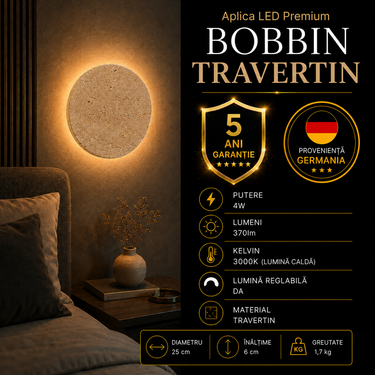 Aplica LED Premium Bobbin Travertin Ø25CM