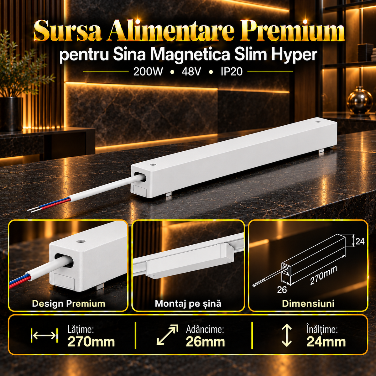 Sursa Alimentare White Premium pentru Sina Magnetica Hyper 200W | 48V | 27CM