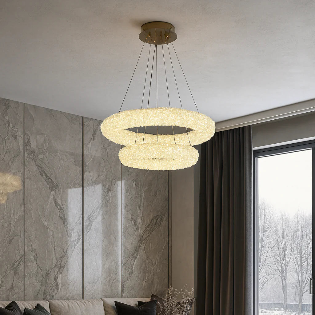 Lustra LED Suspendata ENZO Golden Sponge Cristal 2 Segmente Echivalent 850W