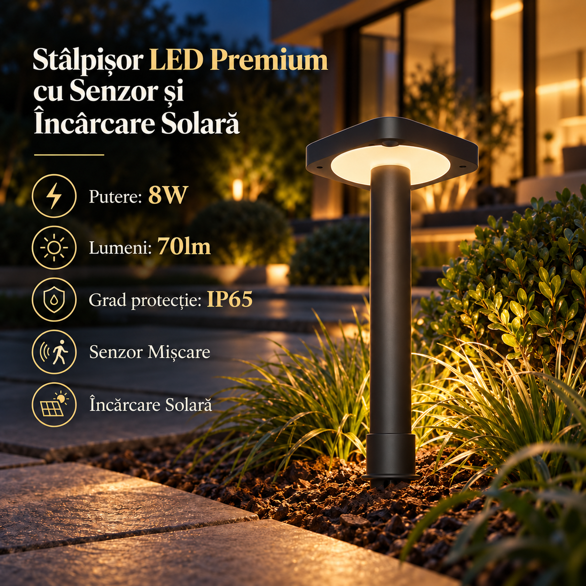 Stalpisor de Gradina cu Incarcare Solara si Senzor Spike Black IP65 47.5CM