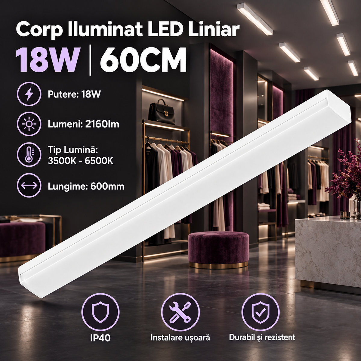 Corp Liniar LED Alb Proline 60 Cm 18W 2160lm CCT IP40