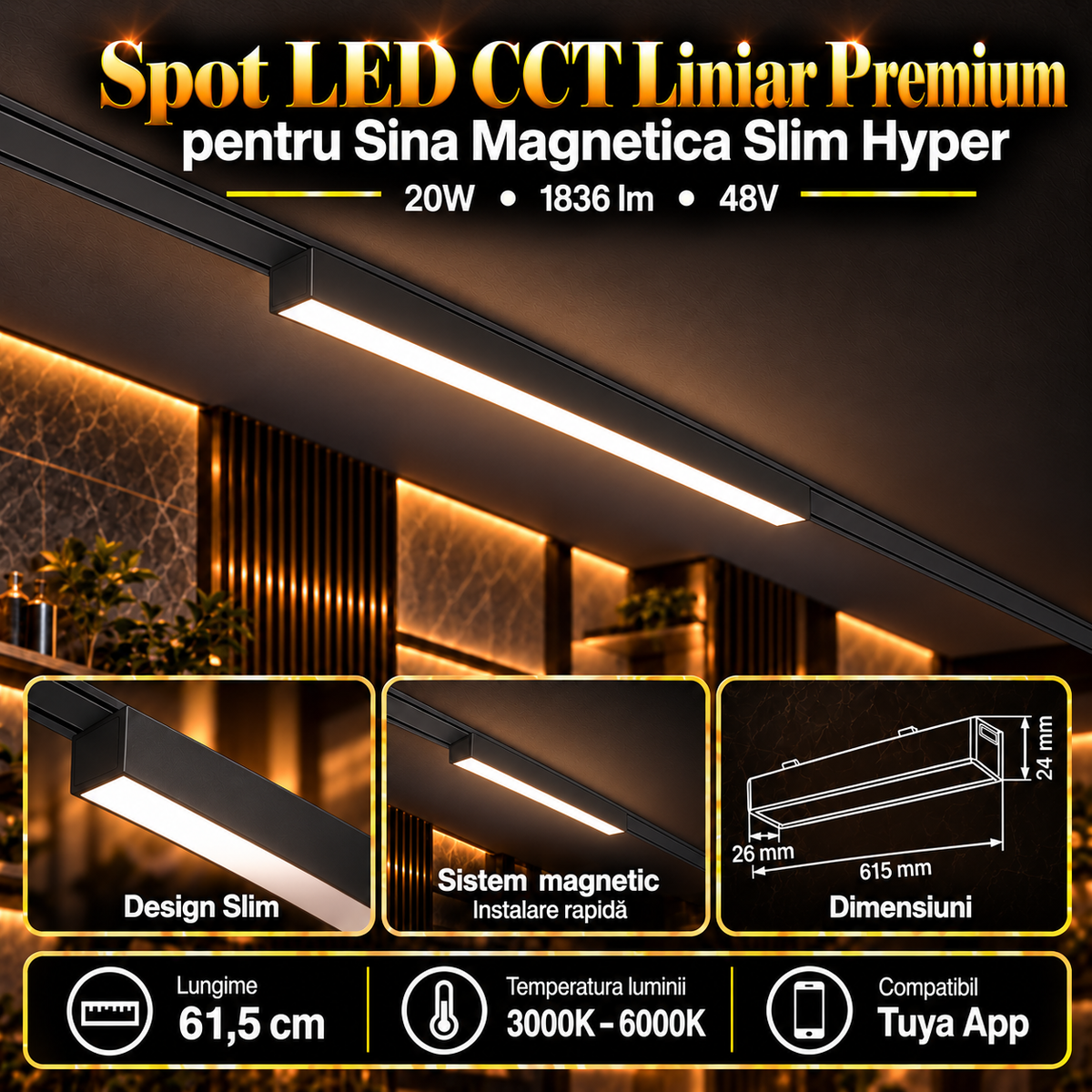 Spot LED Magnetic Liniar Premium Hyper Black 20W | 61.5CM | 48V | 3 Tipuri de Lumina
