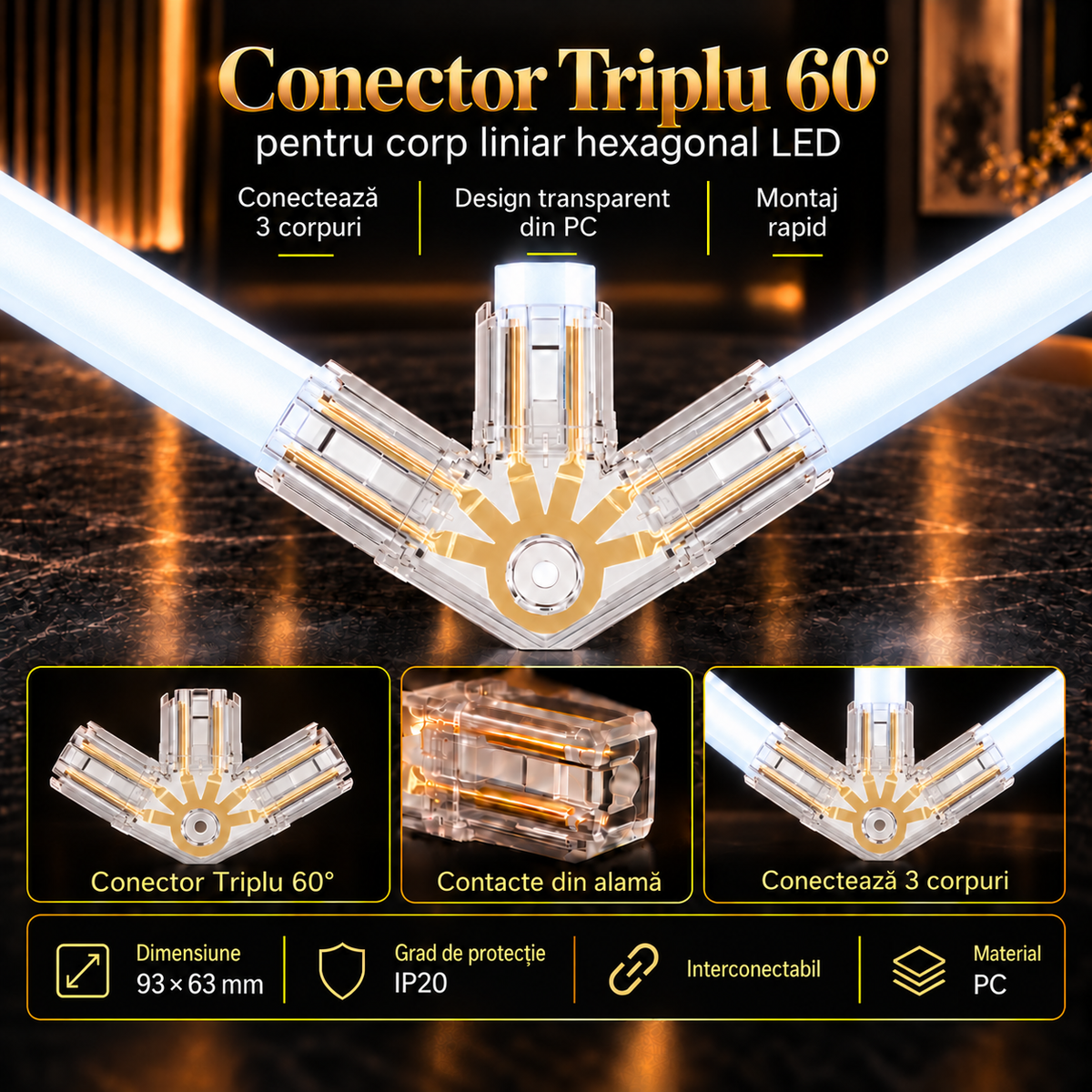 Conector HEGZA 60° pentru 3 x Corp Liniar Hexagonal LED