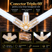 Conector HEGZA 60° pentru 3 x Corp Liniar Hexagonal LED
