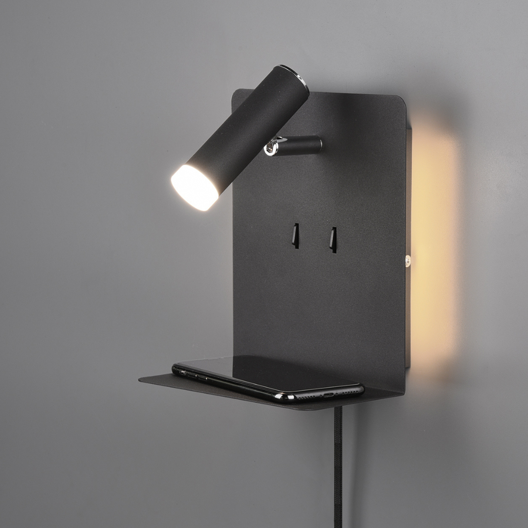 Aplica LED Perete 6W Neagra cu Suport Telefon USB