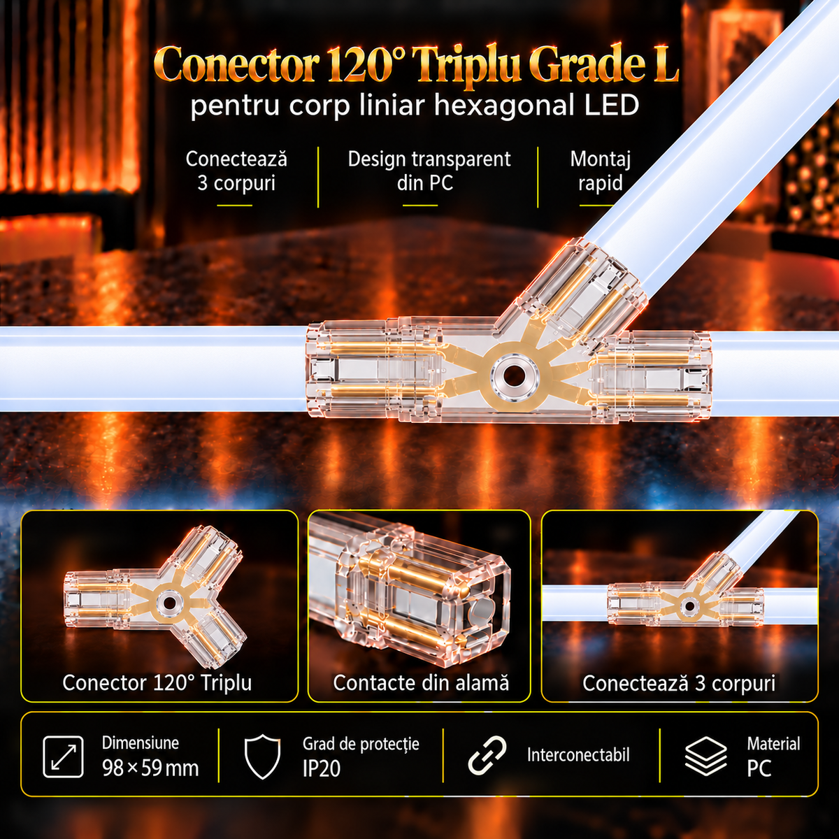 Conector HEGZA 120° Forma L pentru 3 x Corp Liniar Hexagonal LED