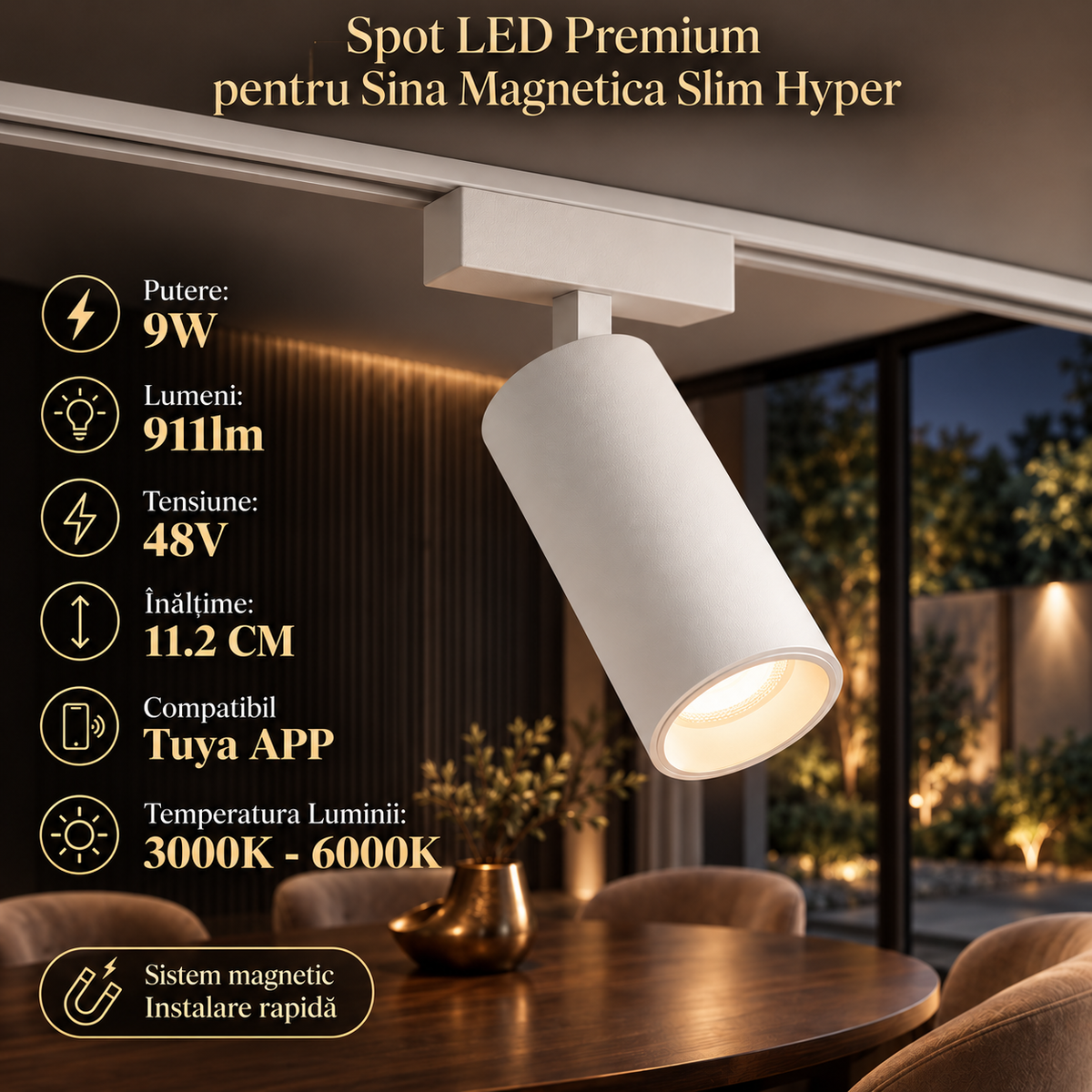 Spot LED Magnetic Rotund Premium Hyper White 9W | ⌀4.4CM | 48V | 3 Tipuri de Lumina