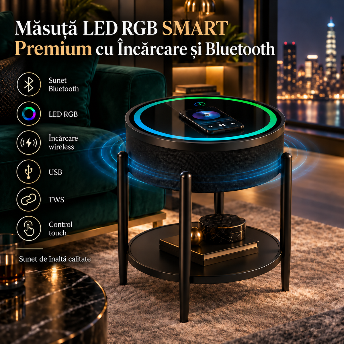 Masuta LED RGB SMART PREMIUM Incarcare Wireless | Boxa Bluetooth | USB | TWS | Control Touch