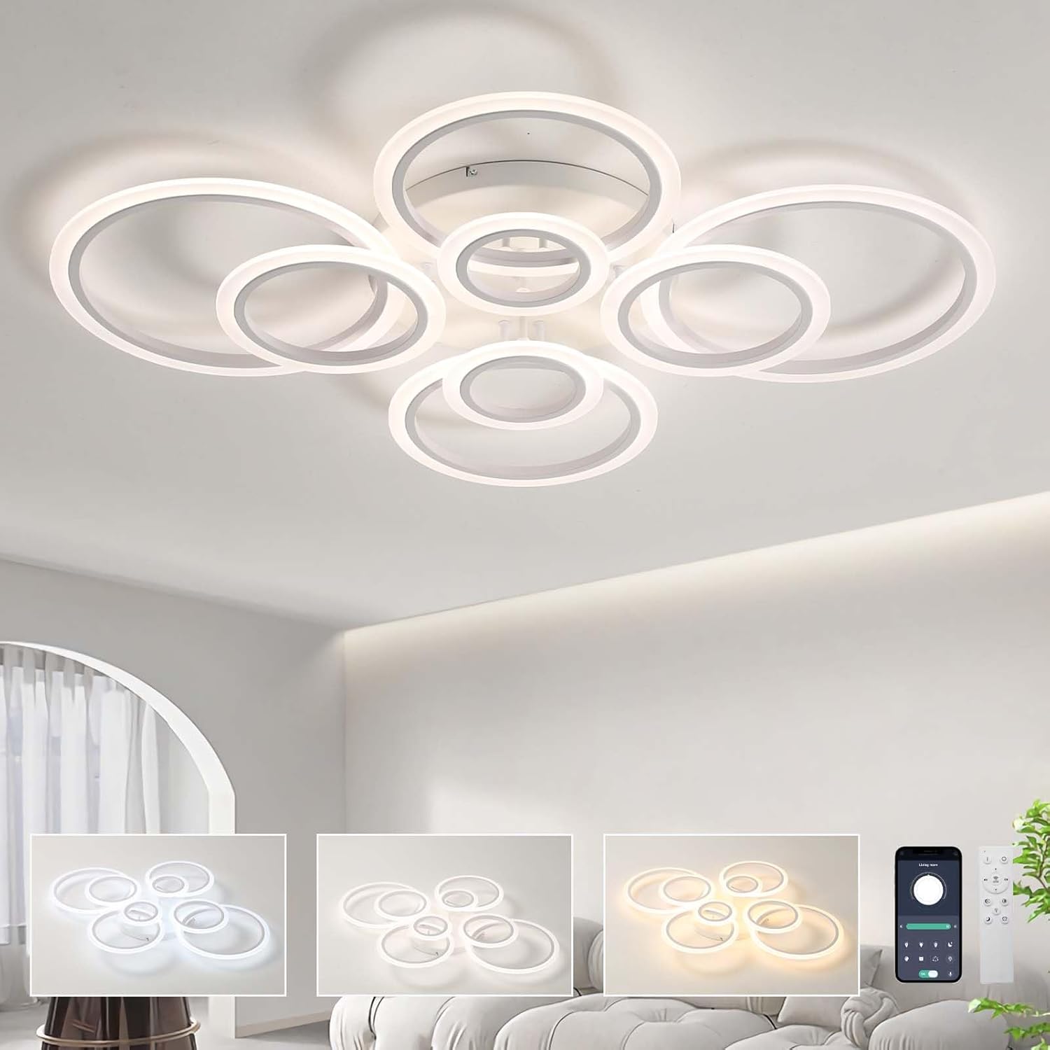 Lustra LED Circle 4+4 Gigant Alba Echivalent 1000W Telecomanda