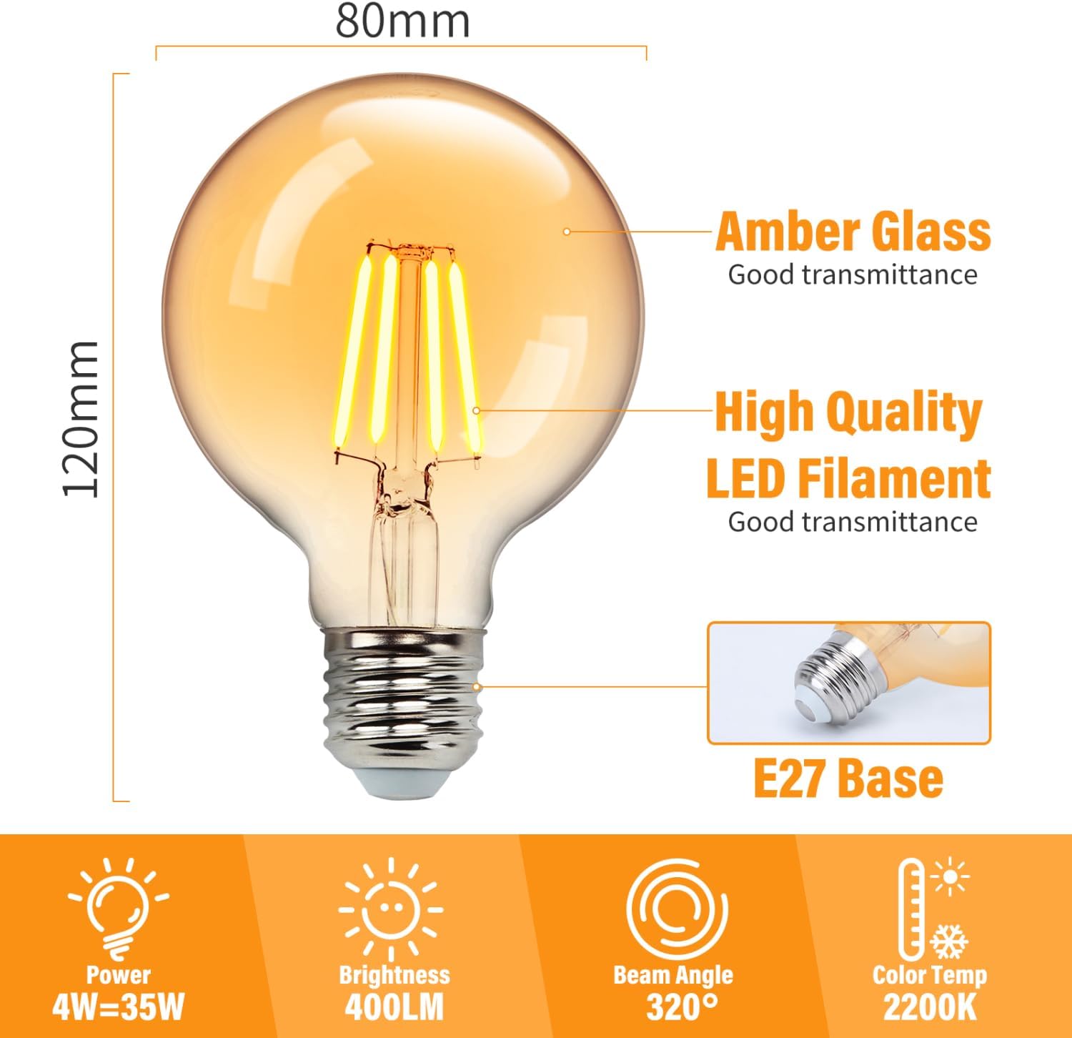 Bec LED E27 Vintage G80 4W Fumuriu 2200K