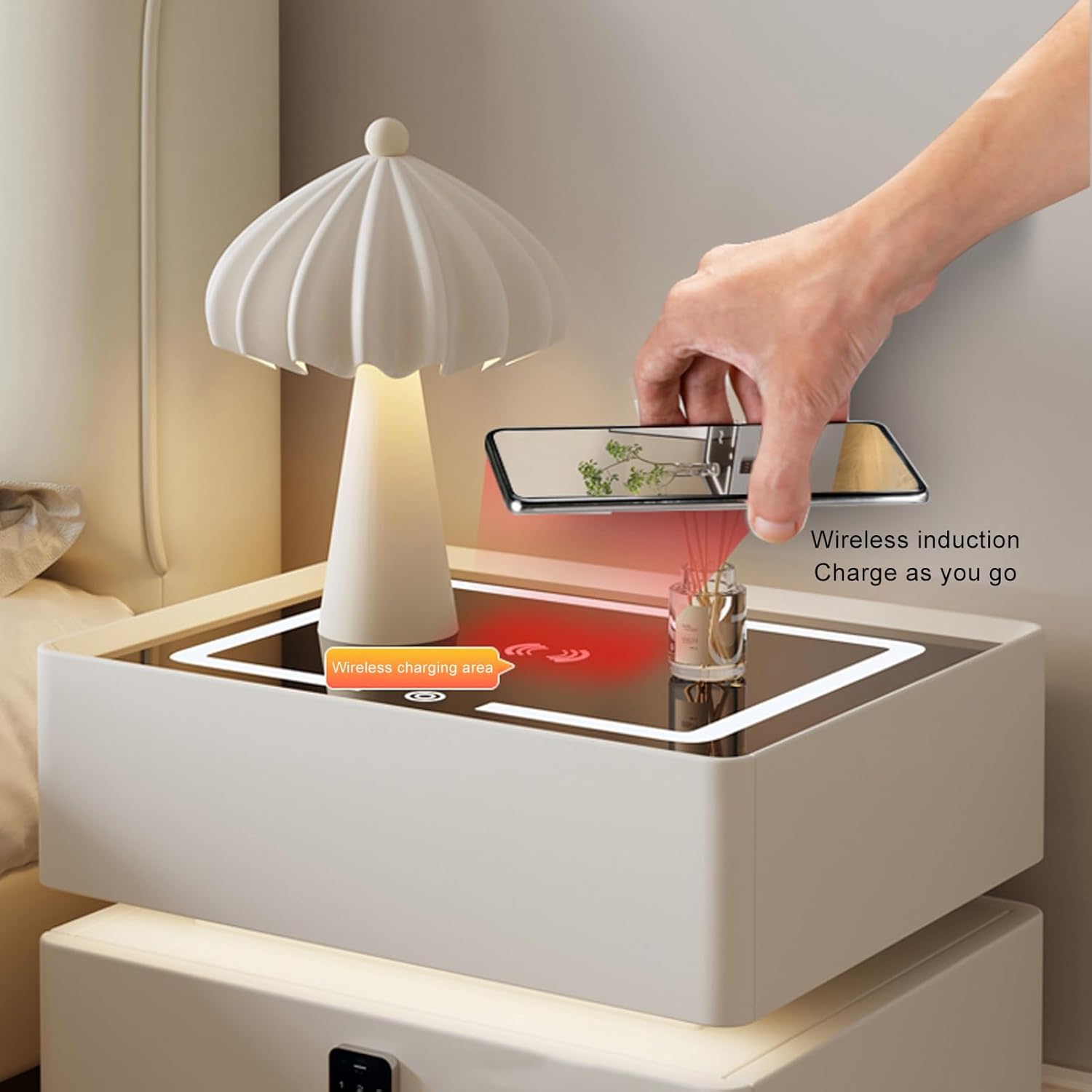 Noptiera Alba Smart cu Incarcare Wireless, Lumini, Amprenta, Boxa Bluetooth si Blocare cu Cod