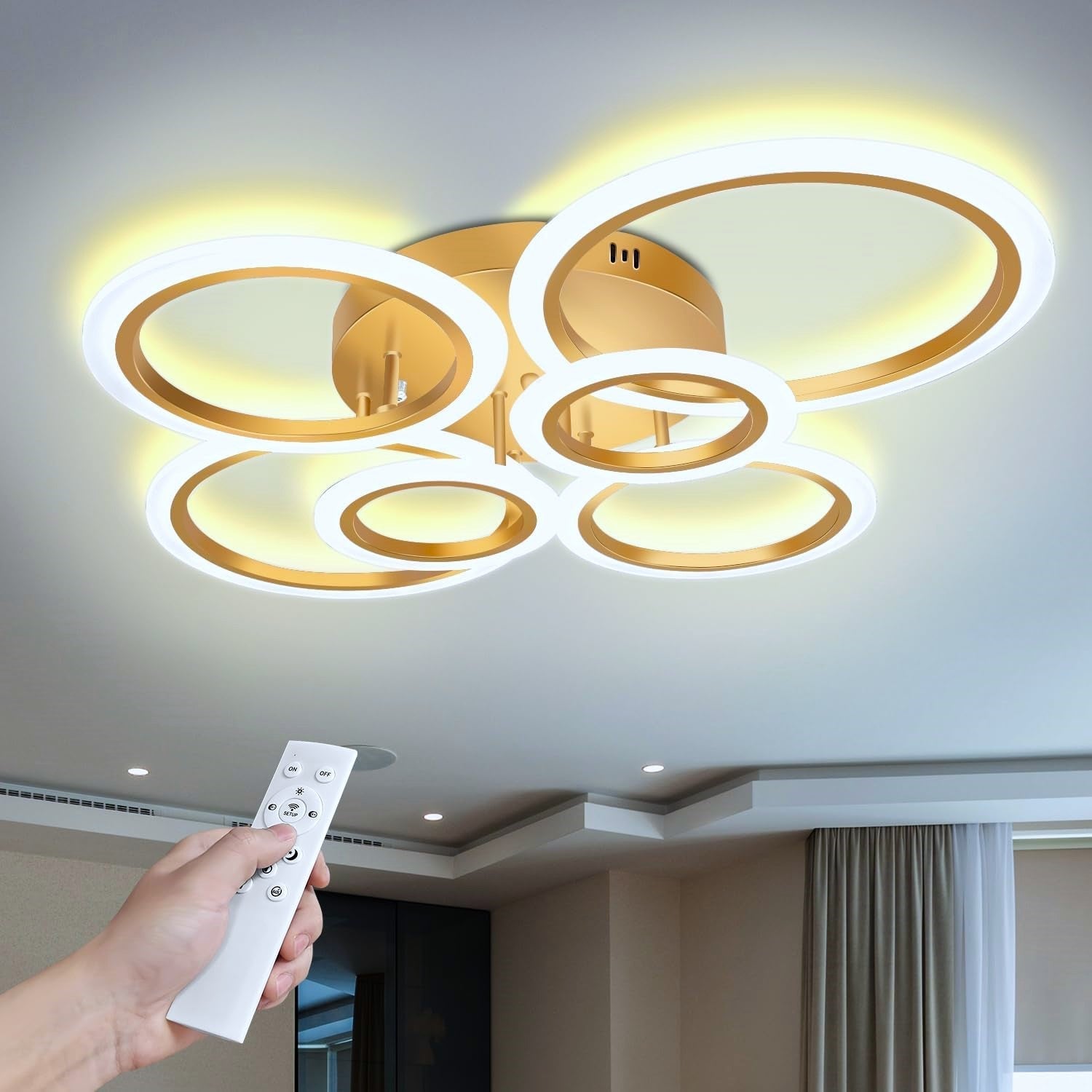 Lustra Led 4 + 2 Circle Maxi Gold Echivalent 600W Telecomanda Lighting Fixtures