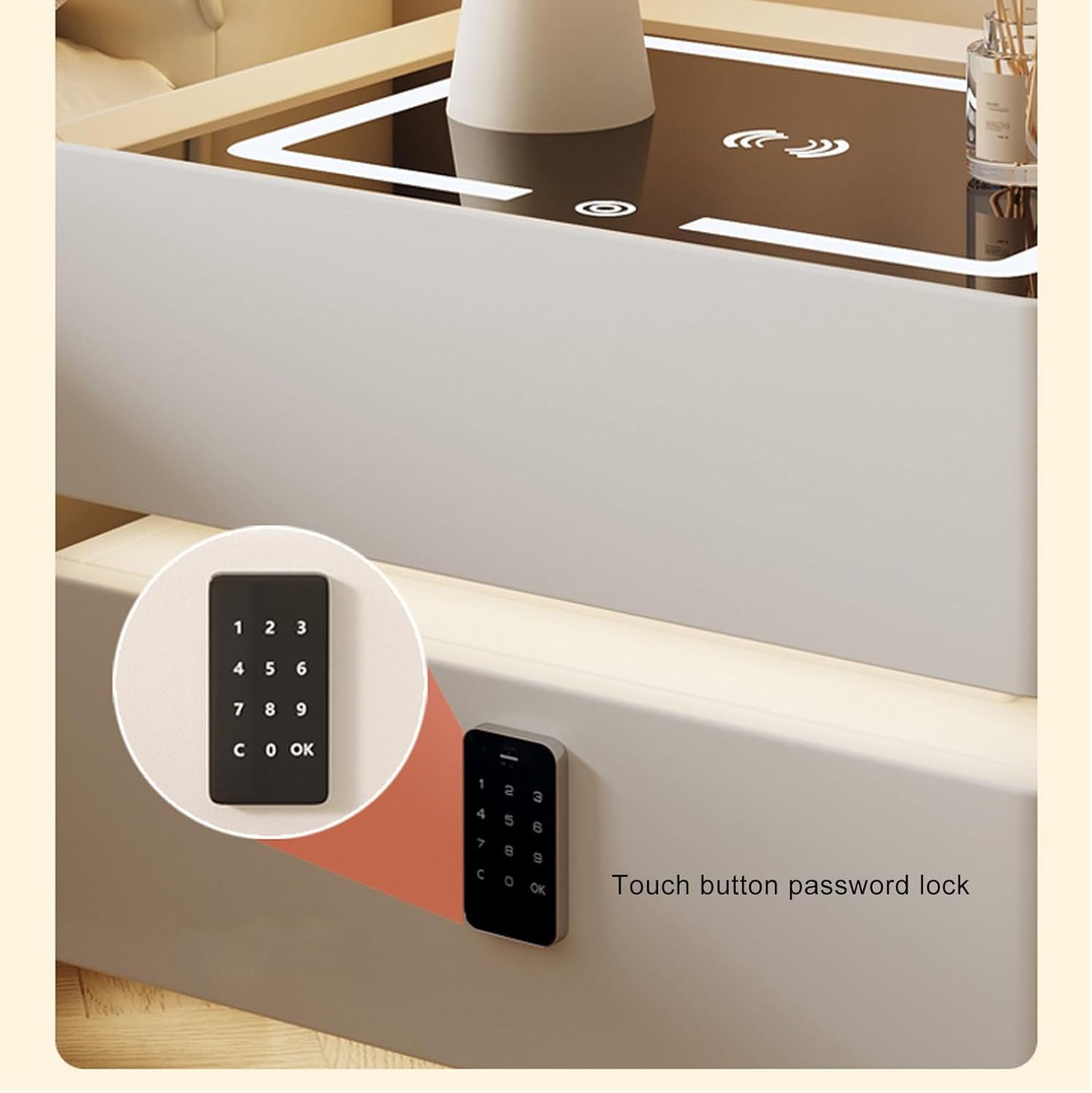 Noptiera Neagra Smart cu Incarcare Wireless, Lumini, Amprenta, Boxa Bluetooth si Blocare cu Cod