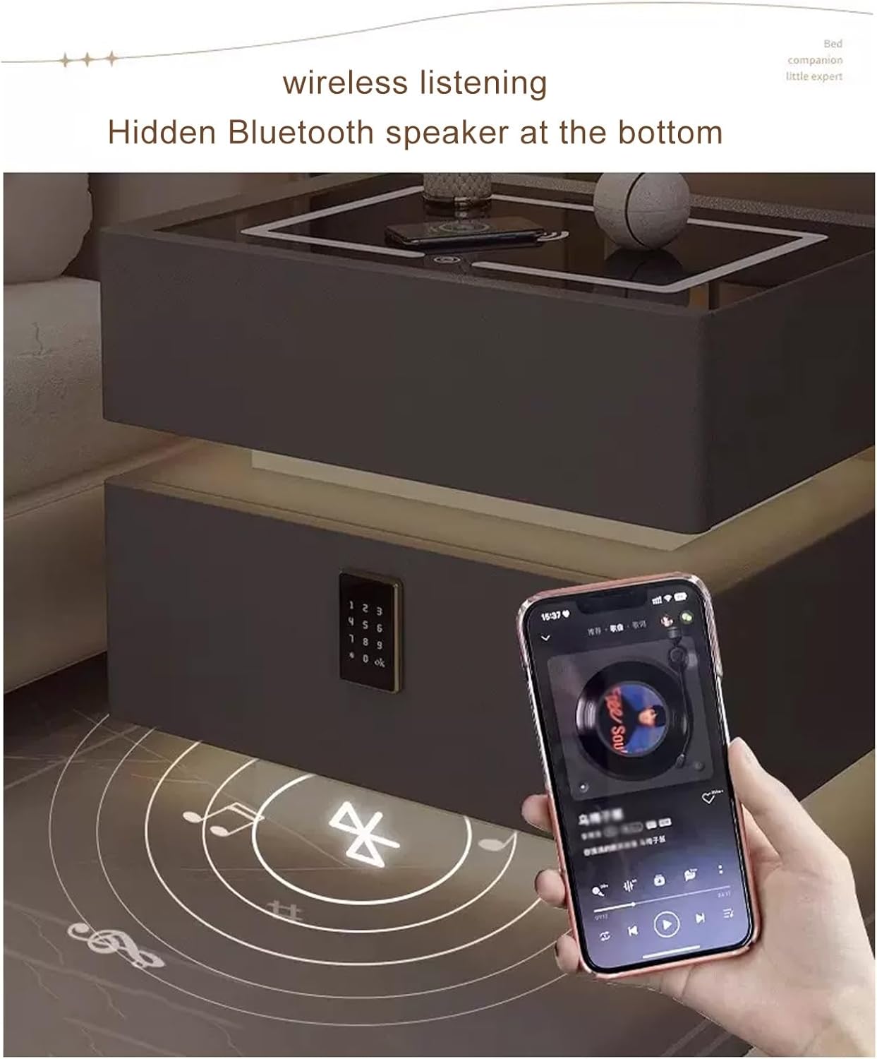 Noptiera Neagra Smart cu Incarcare Wireless, Lumini, Amprenta, Boxa Bluetooth si Blocare cu Cod