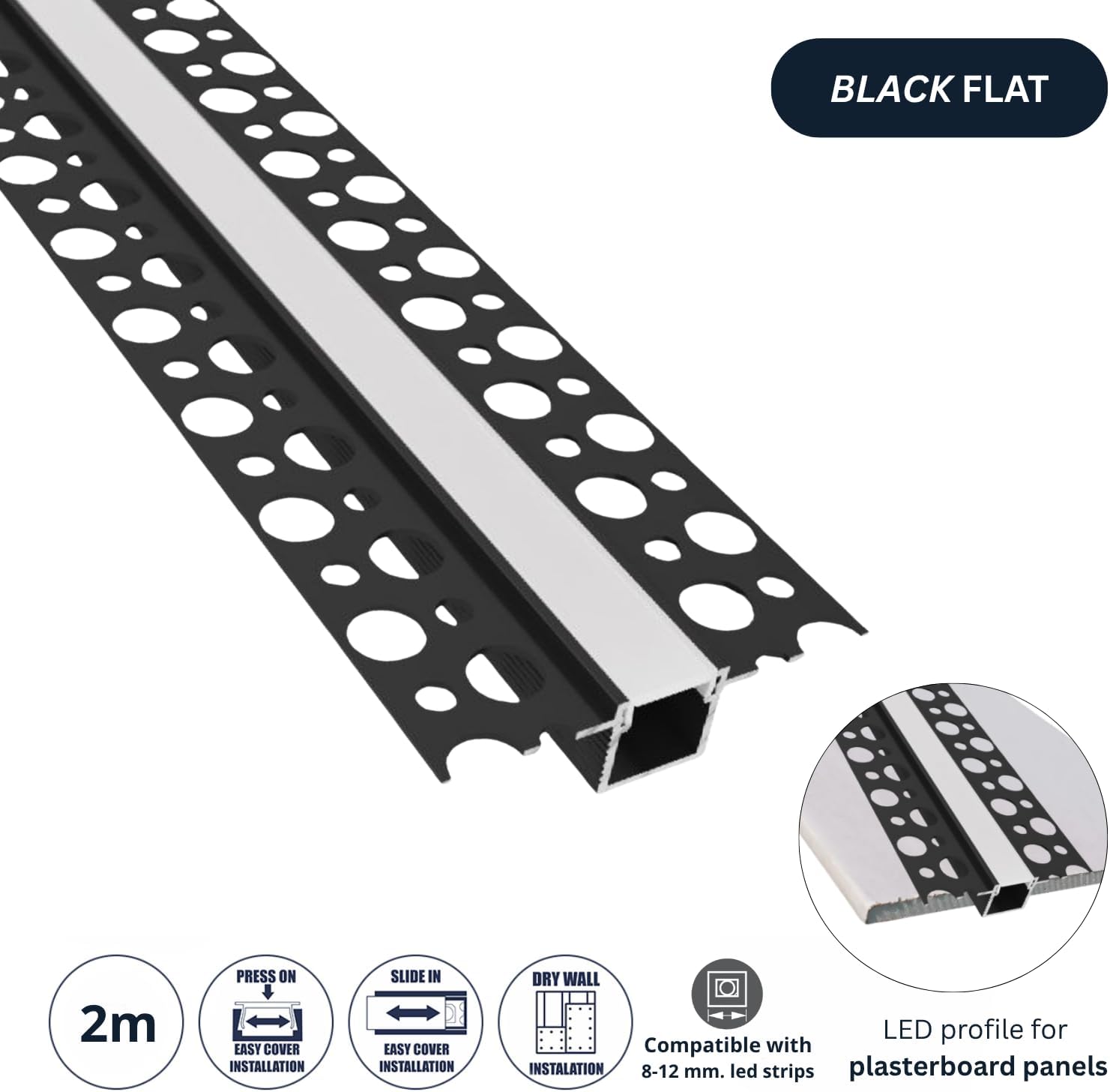 Profil Aluminiu Negru Incastrabil Sub Tencuiala 12.5mm, 2 Metri