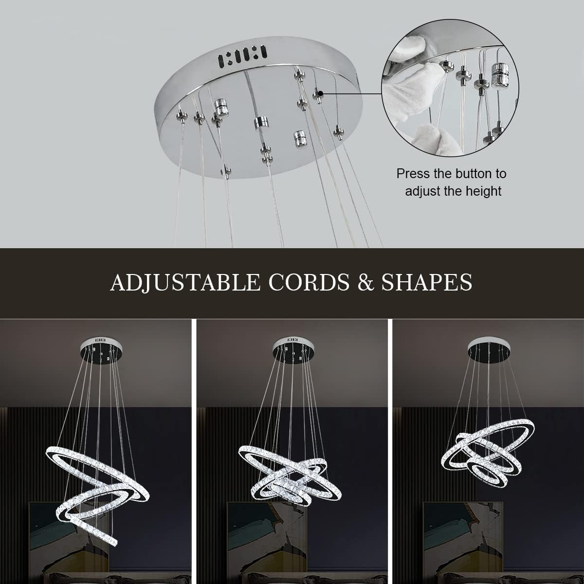 Lustra LED Cristal 3 Segmente Chrome Slim Echivalent 600W, 60+40+20cm, Telecomanda