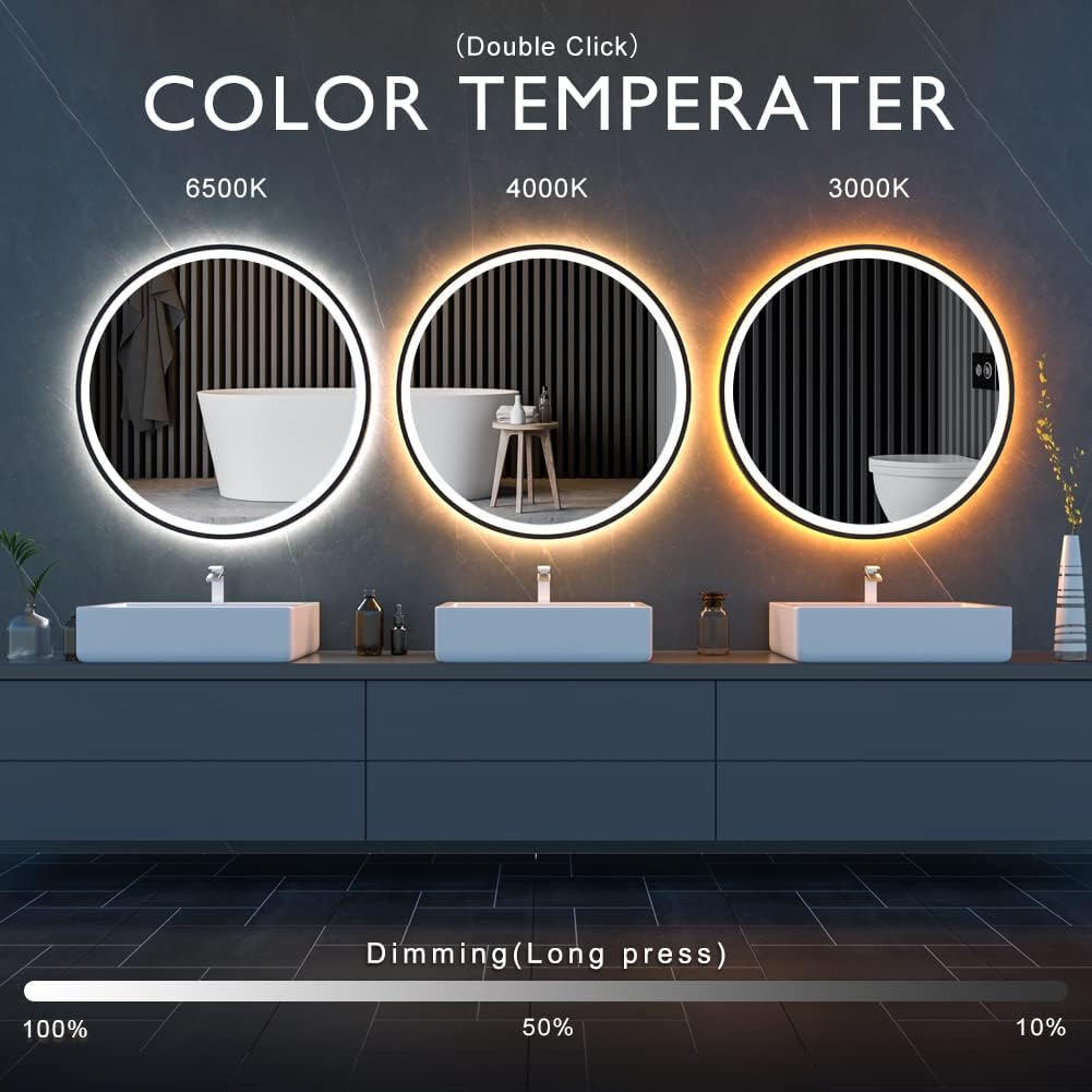 Oglinda LED Rotunda 70cm Rama Neagra, Touch si 3 Lumini OD016/BK