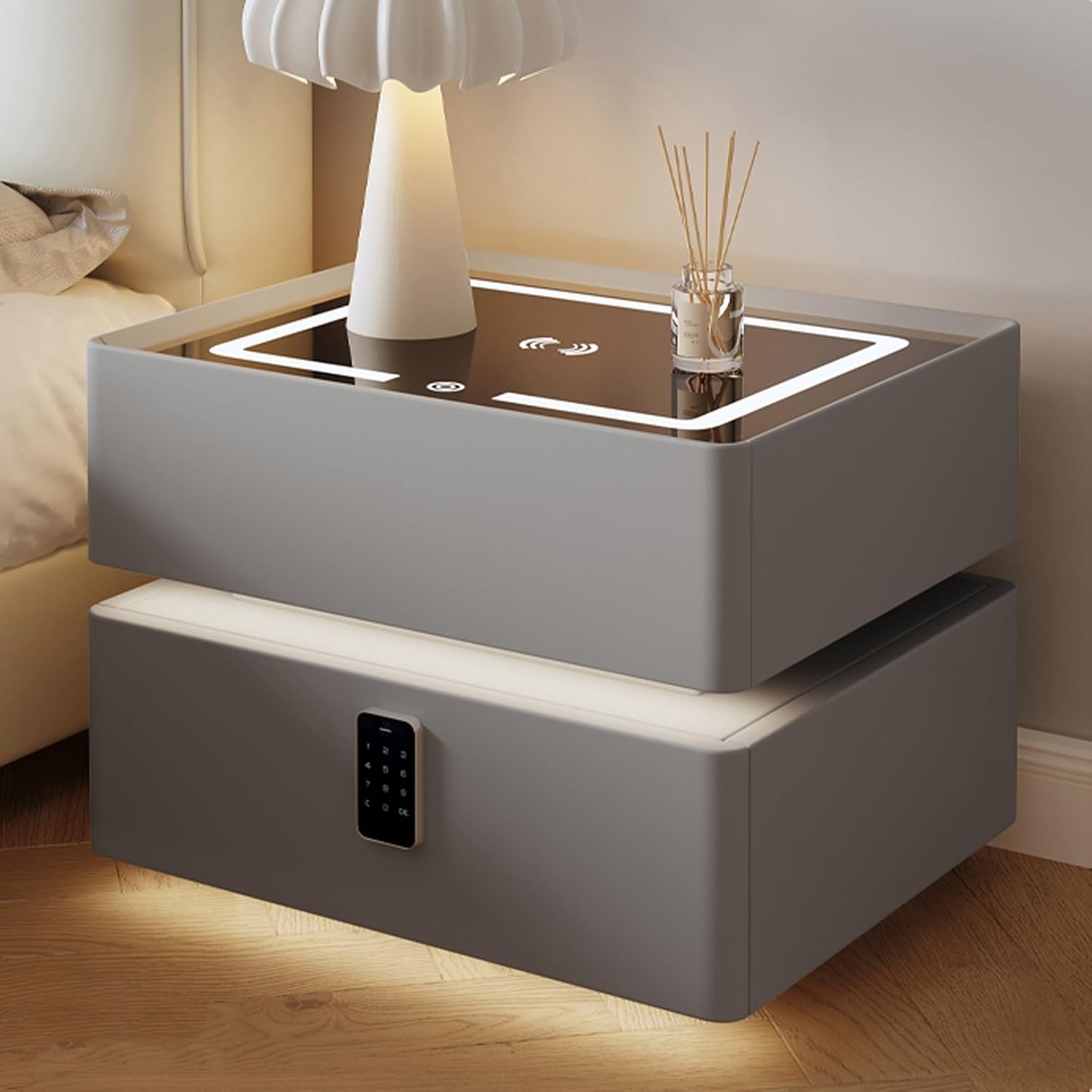 Noptiera Gri Smart cu Incarcare Wireless, Lumini, Amprenta, Boxa Bluetooth si Blocare cu Cod