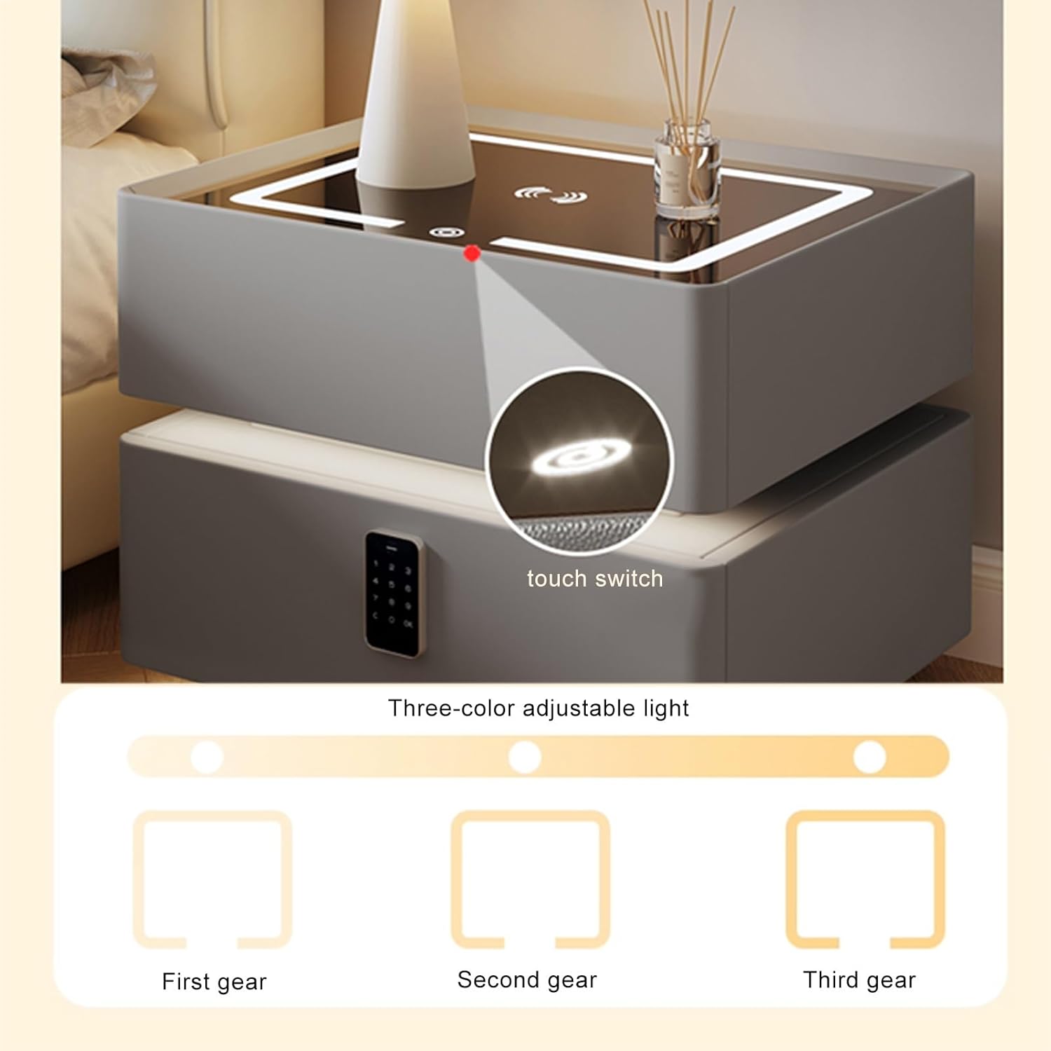 Noptiera Gri Smart cu Incarcare Wireless, Lumini, Amprenta, Boxa Bluetooth si Blocare cu Cod