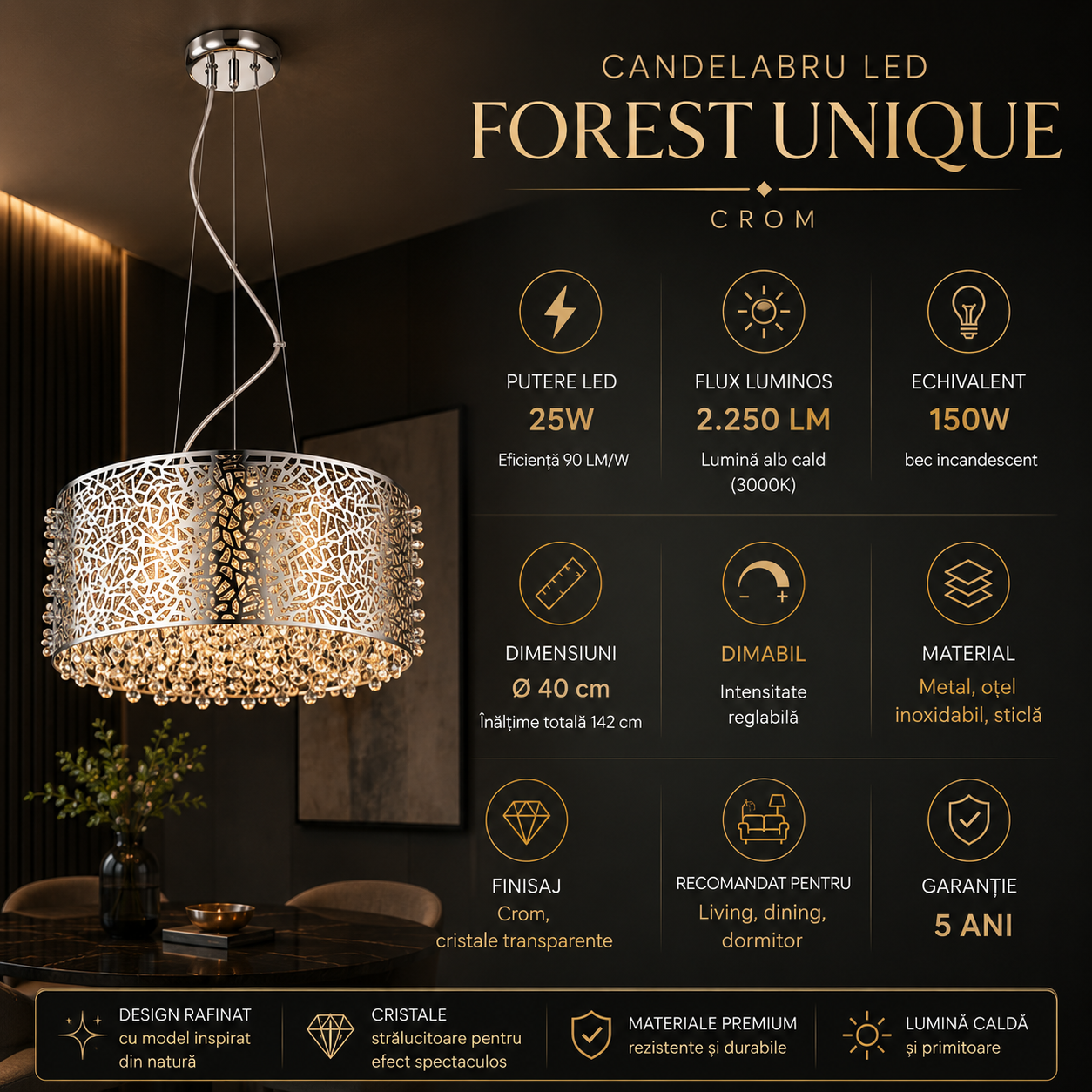 Candelabru LED FOREST Unique Crom Dimabil Echivalent 150W