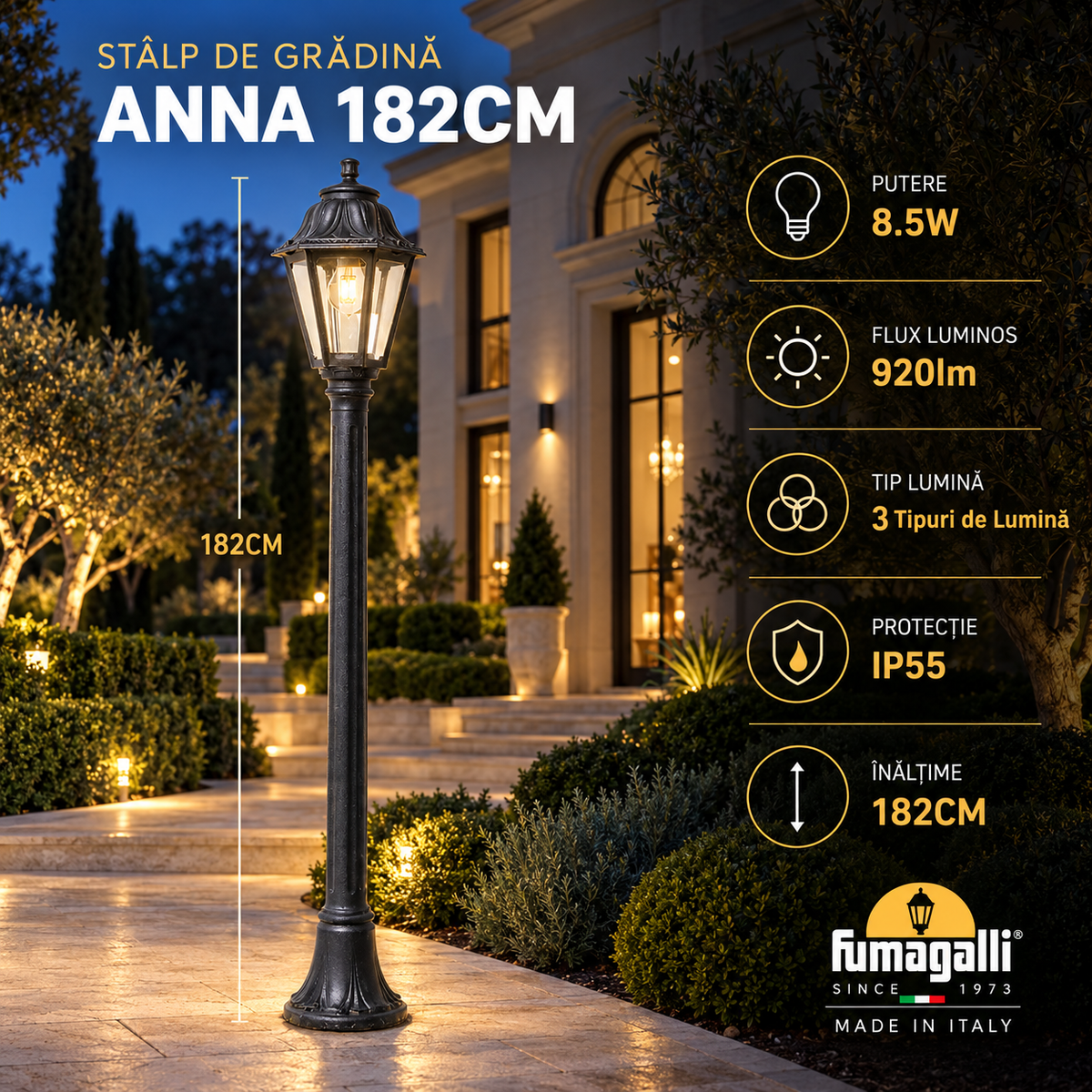 Stalp de Gradina 182CM ANNA Fumagalli Black 8.5W IP55 Echivalent 75W