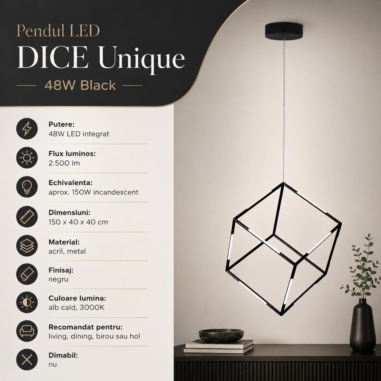 Pendul LED DICE Unique 48W Black Echivalent 150W