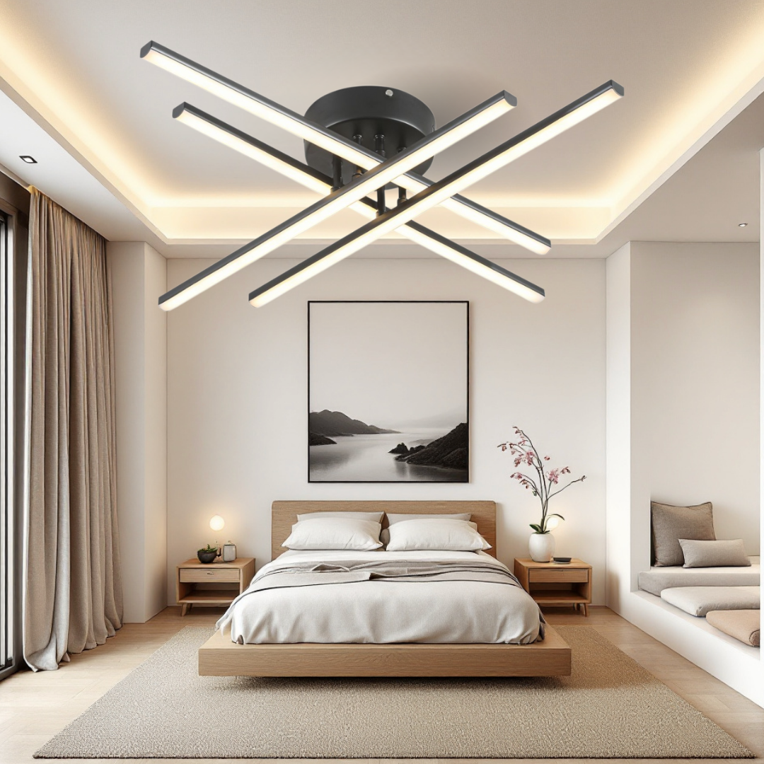 Lustra LED 64W X cu 4 Linii Negre Echivalent 500W cu Telecomanda