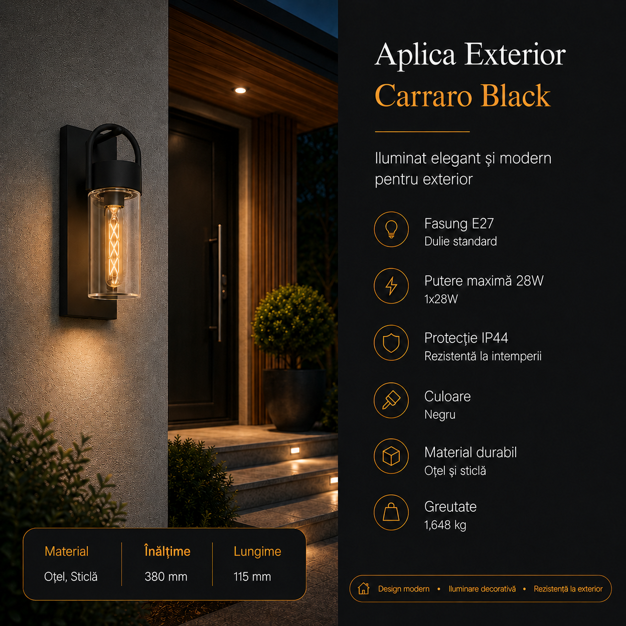 Aplica Exterior Carraro Black IP44 Eglo 1xE27