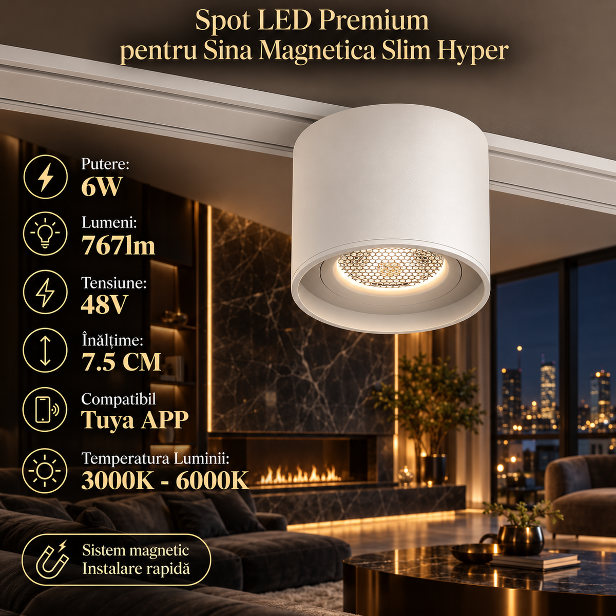 Spot LED Magnetic Rotund Premium Hyper White 6W | ⌀8CM | 48V | 3 Tipuri de Lumina