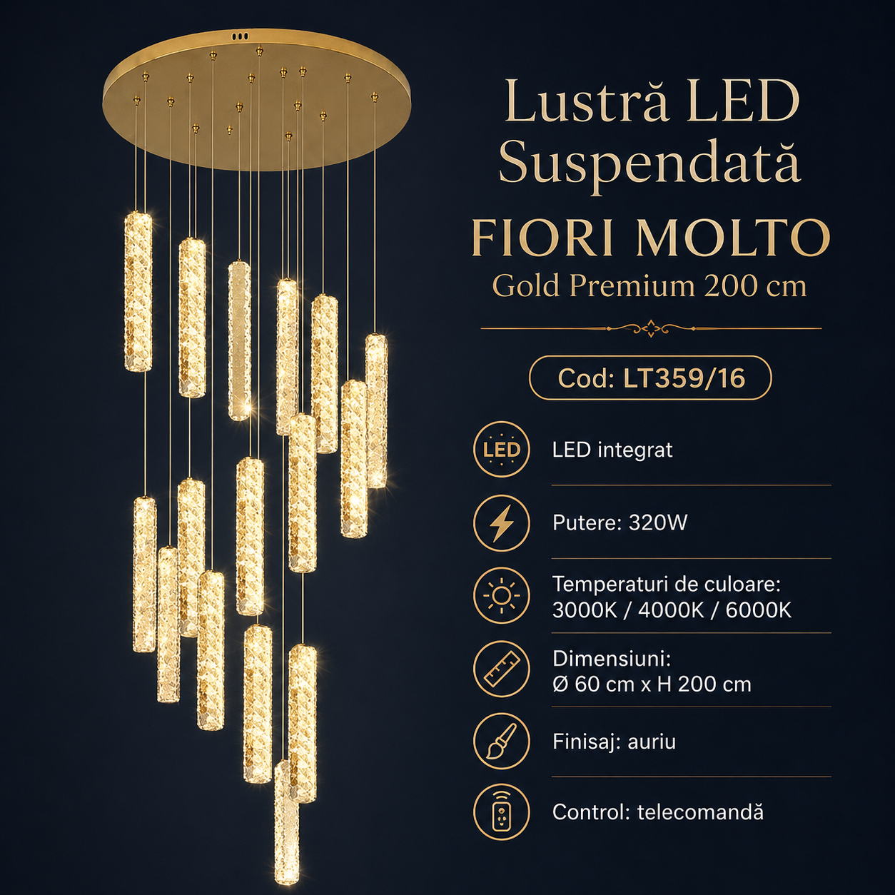 Lustra LED Suspendata FIORI MOLTO Gold Premium 200cm Echivalent 1.000W Telecomanda