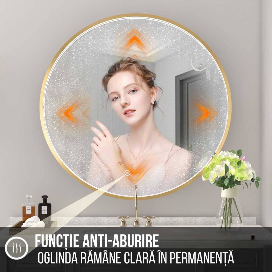 Oglinda LED Rotunda 60cm Aurie cu Touch Dezaburire si 3 Lumini