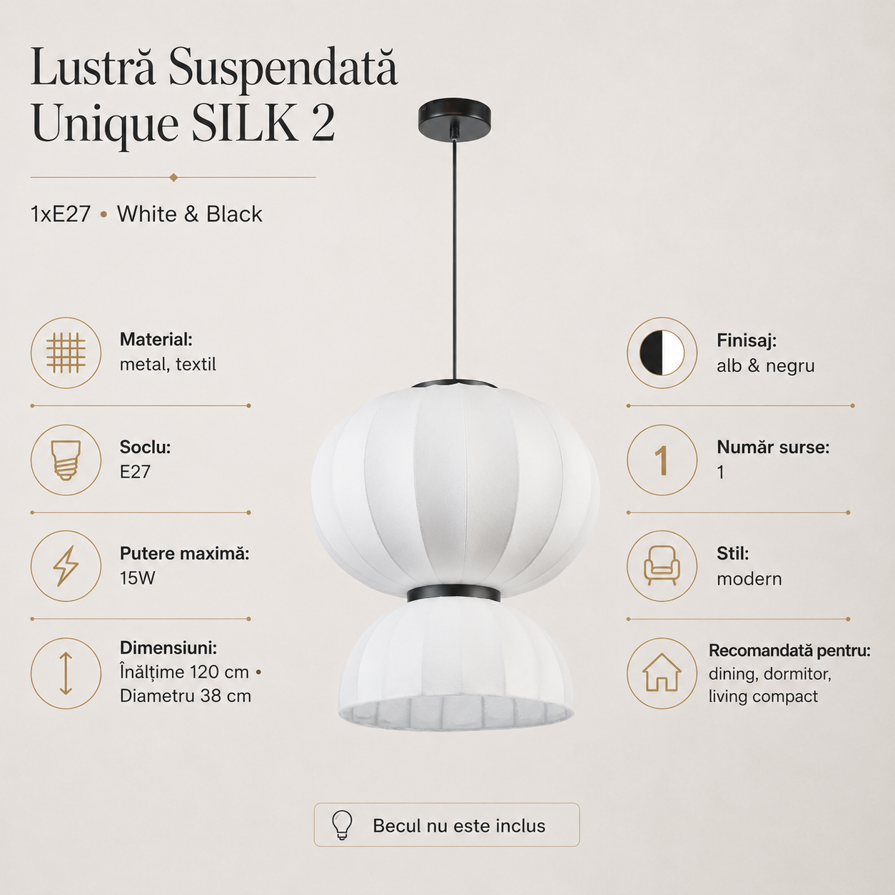 Lustra Suspendata Unique SILK2 1xE27 White&Black