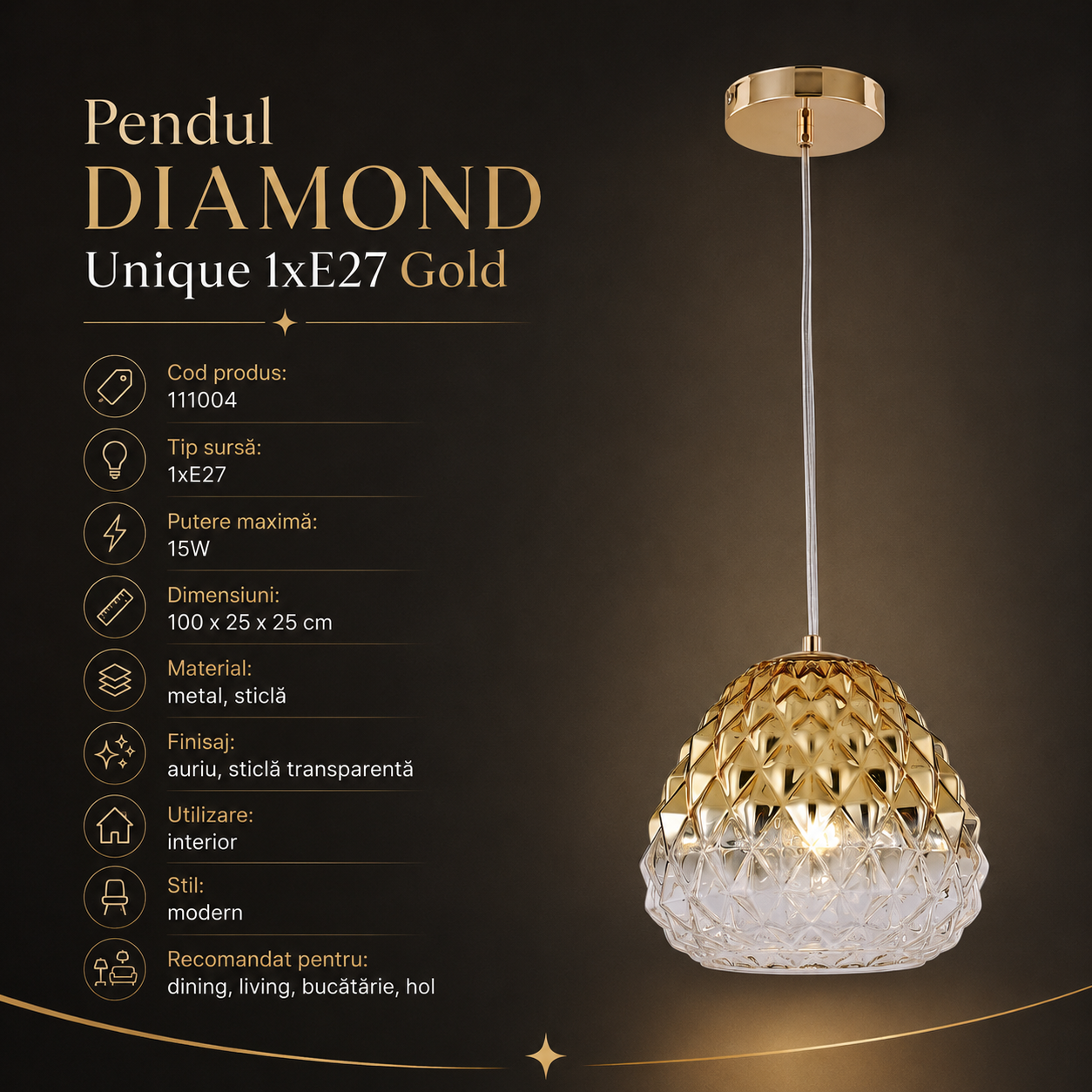 Pendul DIAMOND Unique 1xE27 Gold