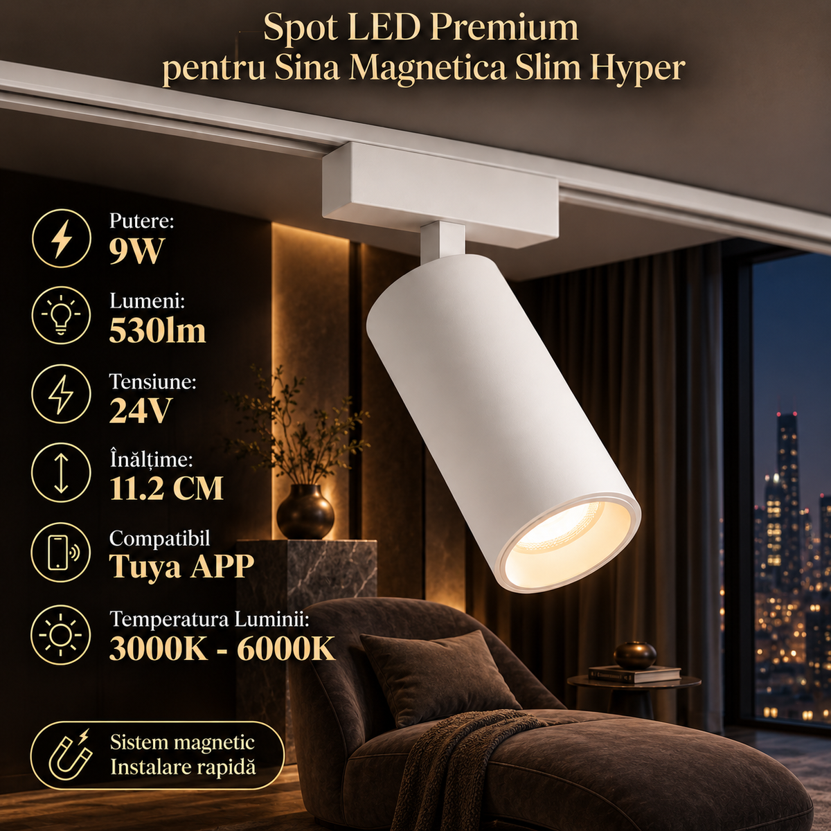 Spot LED Magnetic Rotund Premium Hyper White 9W | ⌀4.4CM | 24V | 3 Tipuri de Lumina