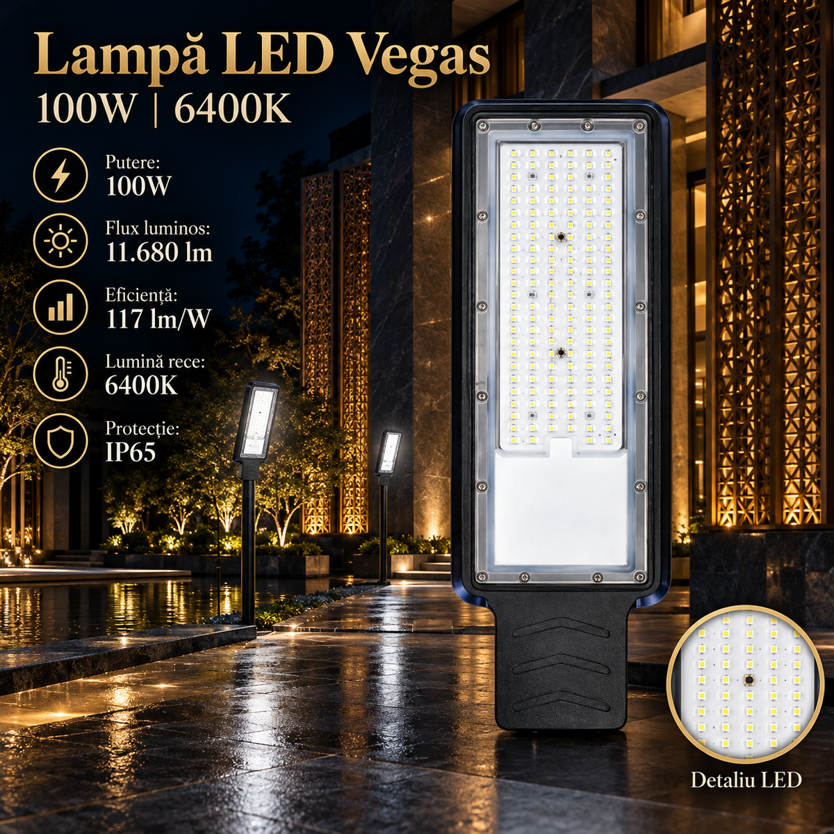 Lampa LED Iluminat Stradal Vegas Black 100W | 11680lm | 6400K | IP65