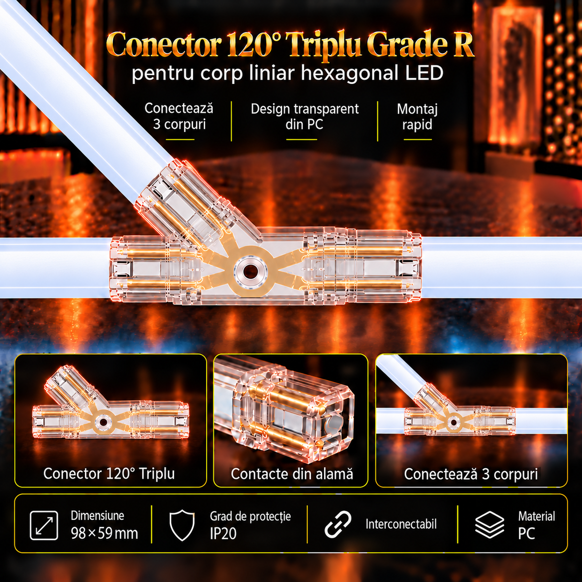 Conector HEGZA 120° Forma R pentru 3 x Corp Liniar Hexagonal LED