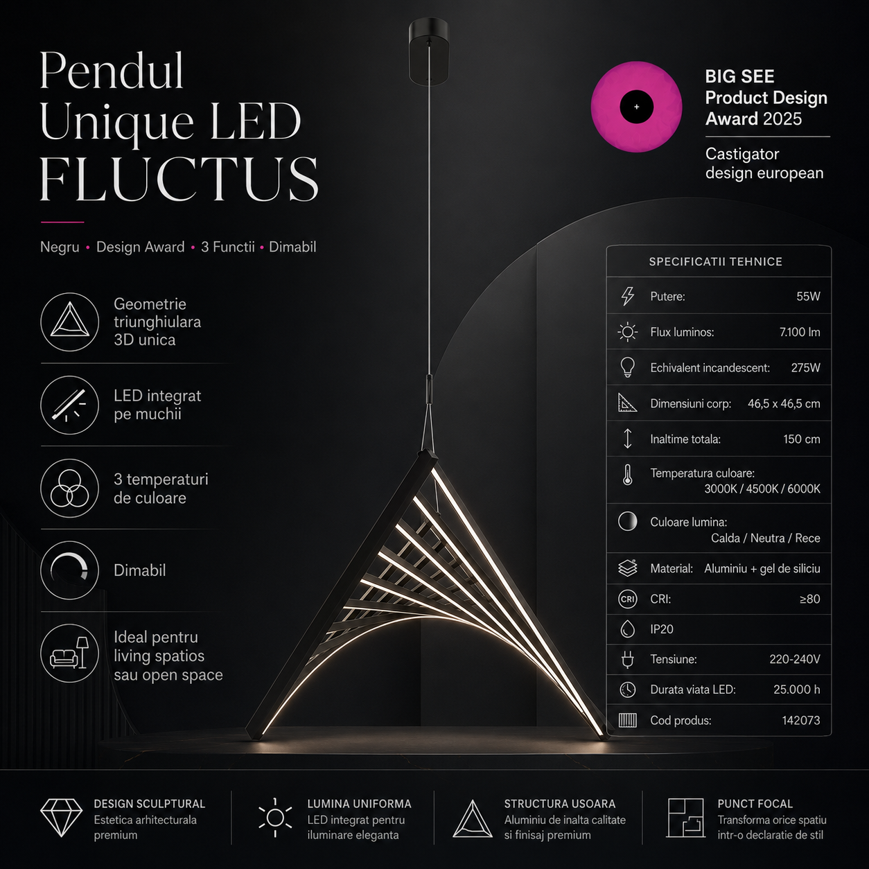 Pendul Unique FLUCTUS Black 3 Functii Dimabil Echivalent 275W