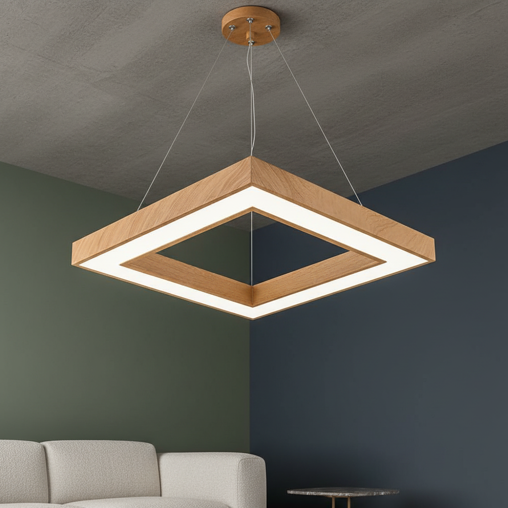 Lustra LED Suspendata RENZO Square Wood Telecomanda Echivalent 300W