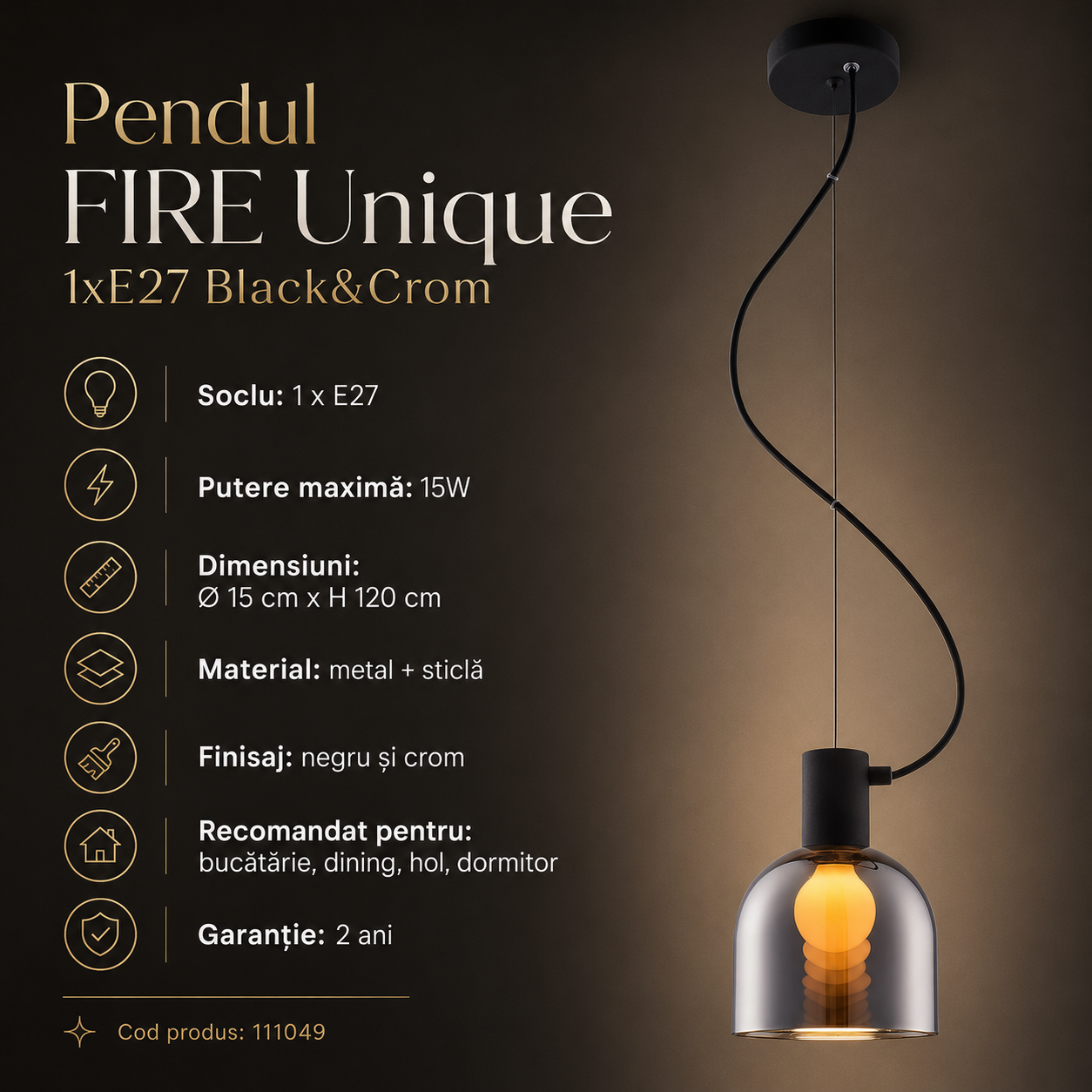 Pendul FIRE Unique 1xE27 Black&Crom
