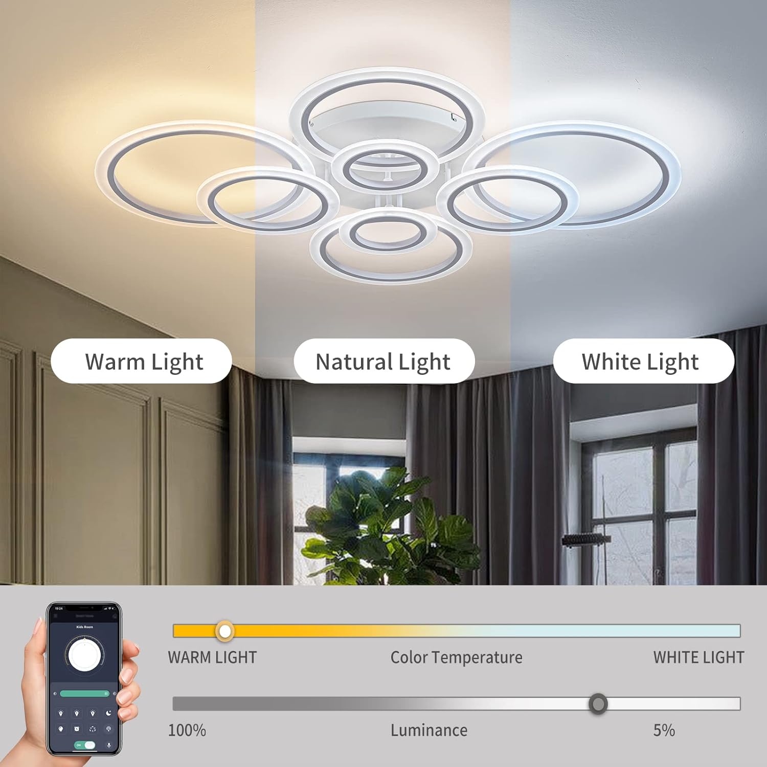 Lustra LED Circle 4+4 Gigant Alba Echivalent 1000W Telecomanda