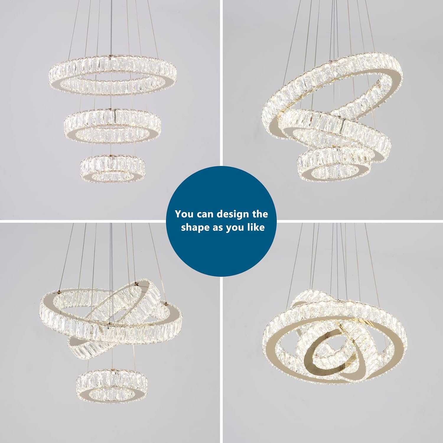 Lustra LED Cristal 3 Segmente Gold Echivalent 1000W, 60+40+20cm, Telecomanda