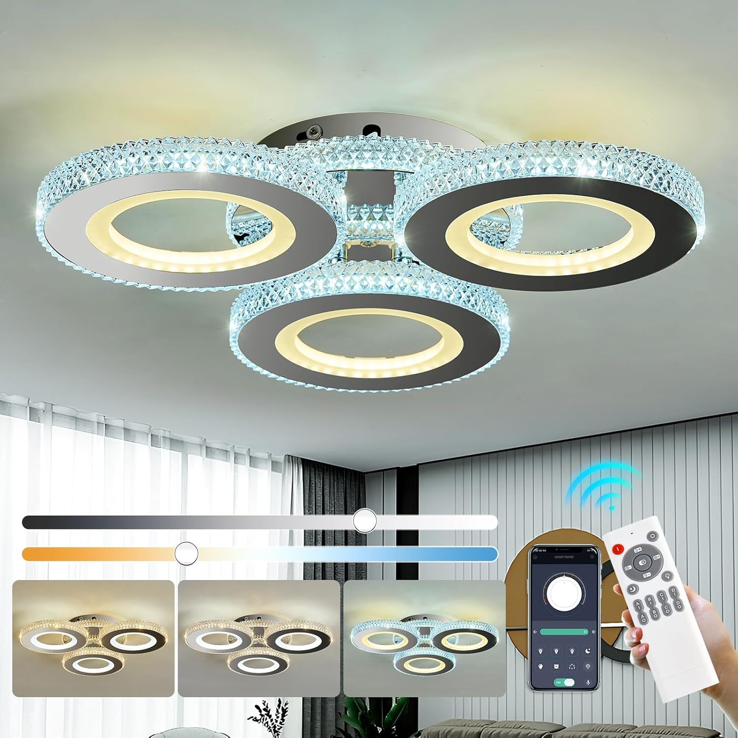 Lustra LED 3 Circle RGB Velora Cristal Echivalent 500W Telecomanda