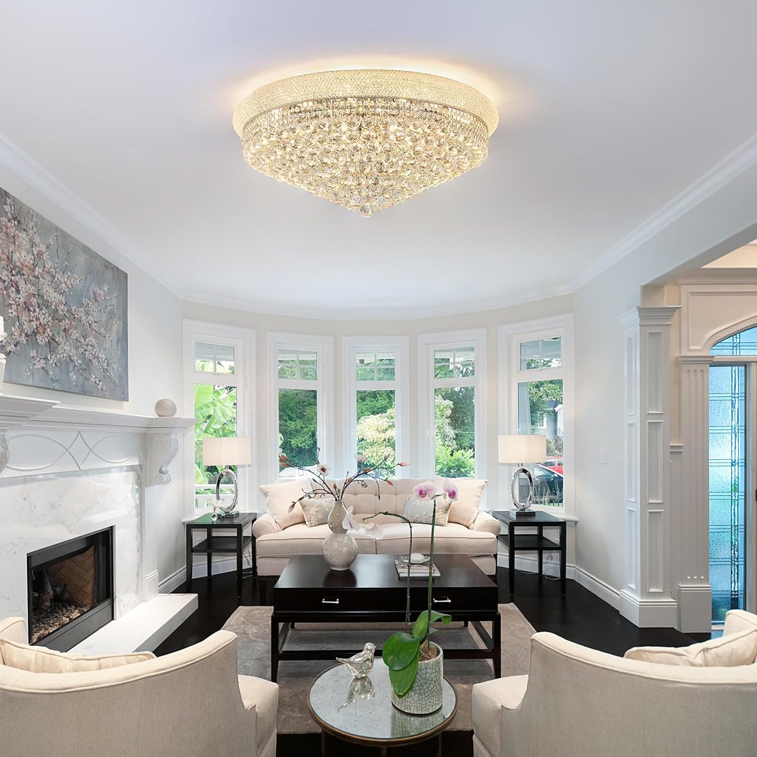 Lustra LED Aplicata Crystal Dome Silver Telecomanda si Lumini RGB