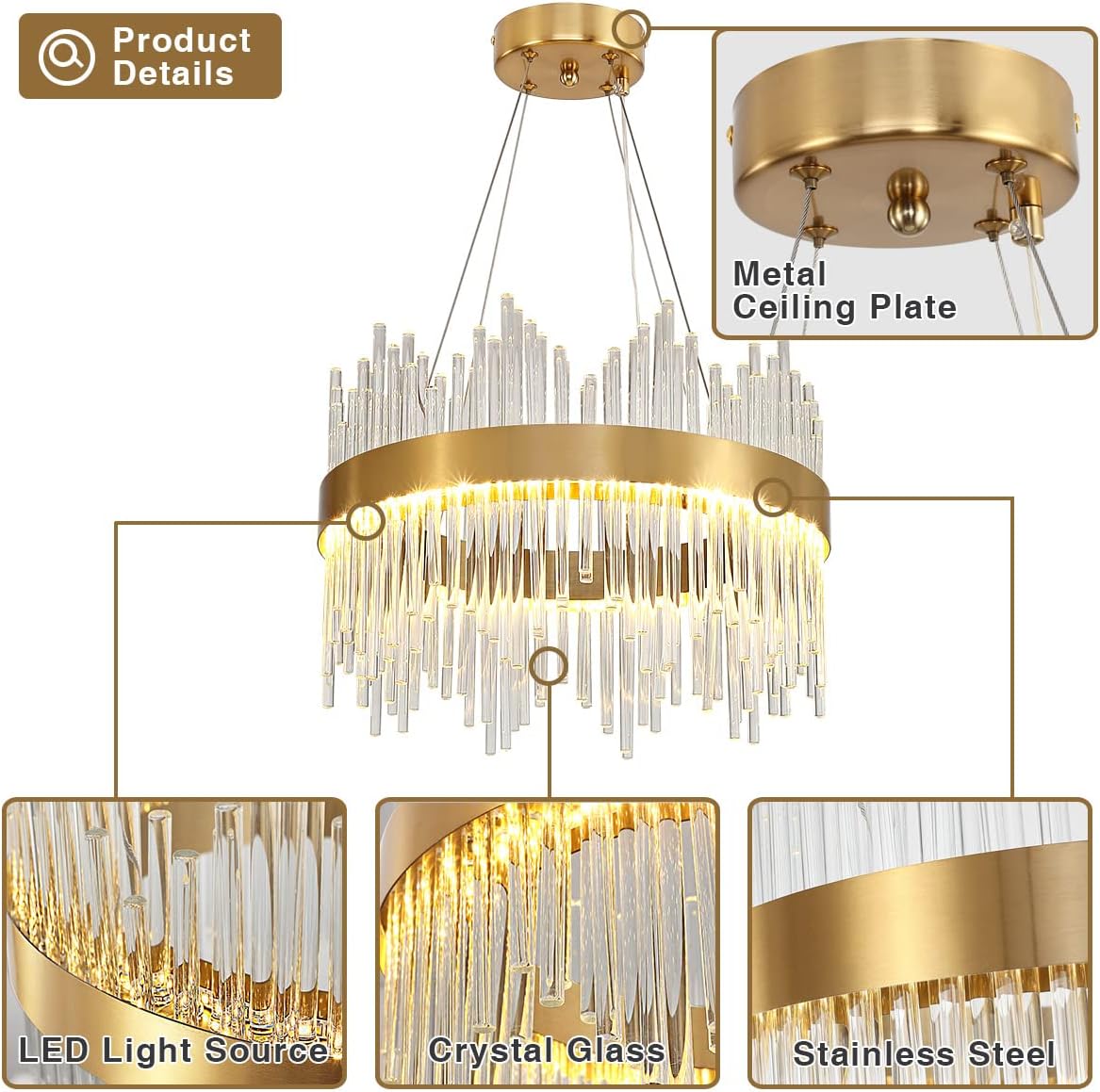 Lustra LED Suspendata CROWN Gold Cristal 40cm Echivalent 300W