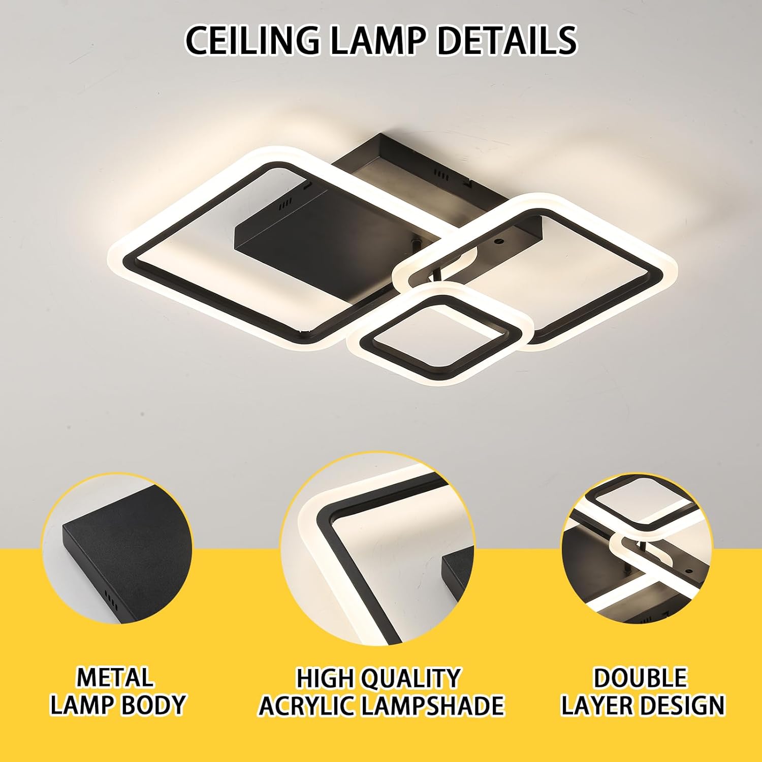 Lustra LED 88W Three Square Black SMART Echivalent 400W Telecomanda